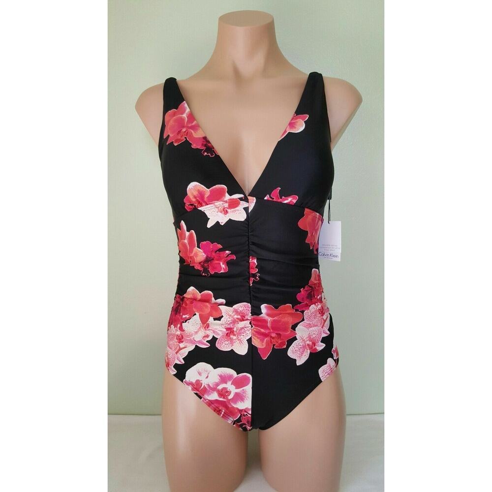 Calvin Klein black floral one piece swimsuit size 6